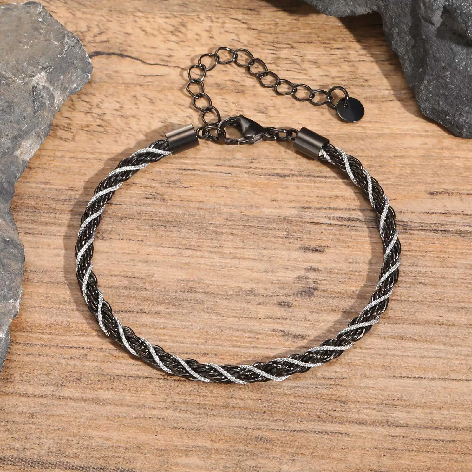 Vnox Punk Twisted Chain Armbänder Für Männer Jungen Edelstahl Schwarz Silber Farbe Armband Einstellbare Größe Schmuck Geschenke