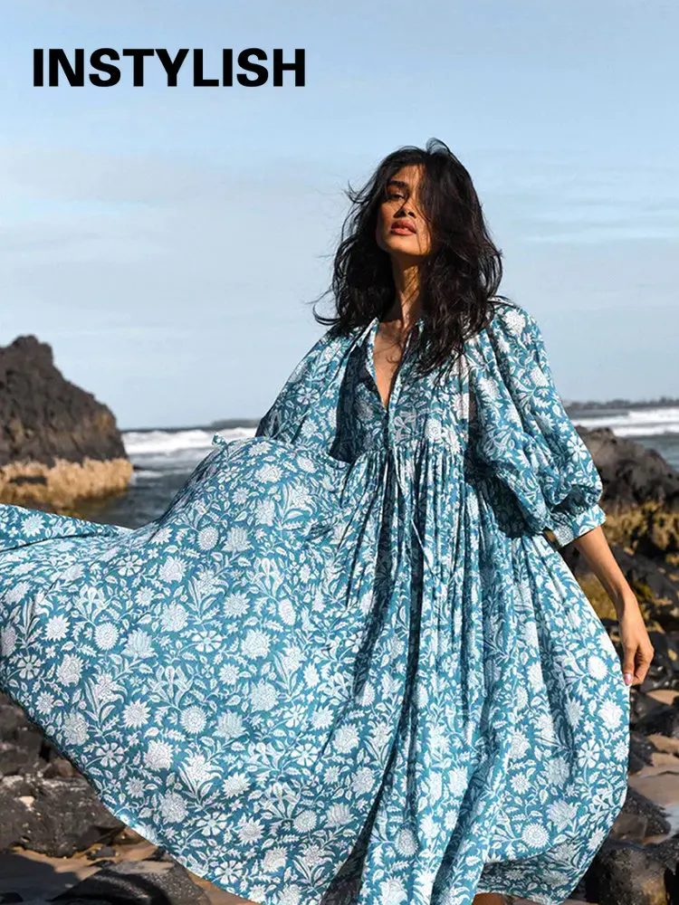 Frauen Bohemian Floral Print Maxi Kleid Elegante 3/4 Hülse O Neck Spitze Up Lose Midi Kleid Casual Urlaub Strand Sommerkleid 2023