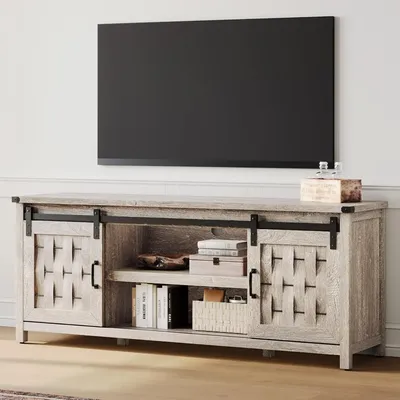 LINSY Home Farmhouse TV Stand for 65+ Inch TV, Entertainment Center with Sliding Barn Door, Media TV