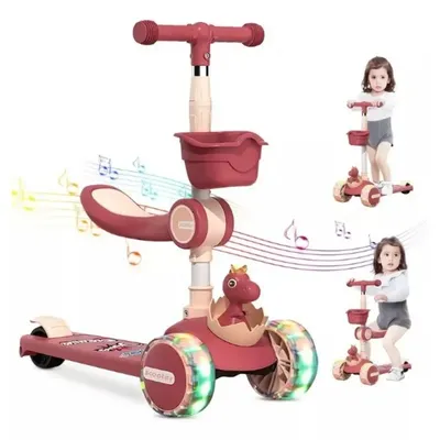 3-in-1 Kids Kick Scooter with Adjustable Height Handlebars & Removable Seat LED Lights Music for