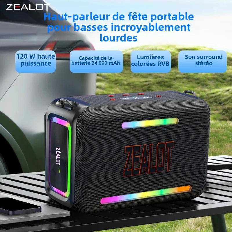 Haut-parleurs sans fil ZEALOT S95 120 W, haut-parleur caisson de basses portable extérieur, IPX 5, qualité sonore Hifi, lumière RVB, longue durée de vie de la batterie.