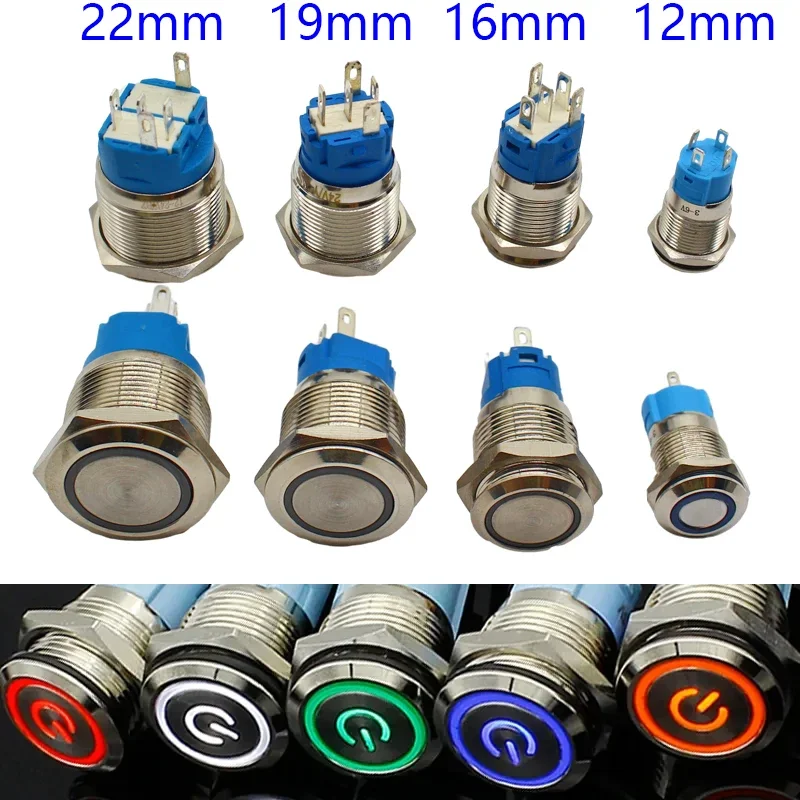 1 pz 12/16/19/22mm Impermeabile Interruttore di Pulsante In Metallo HA CONDOTTO LA Luce Momentanea A Scatto Interruttore di Alimentazione Del Motore Dell'automobile 5 V 12 V 24 V 220 V