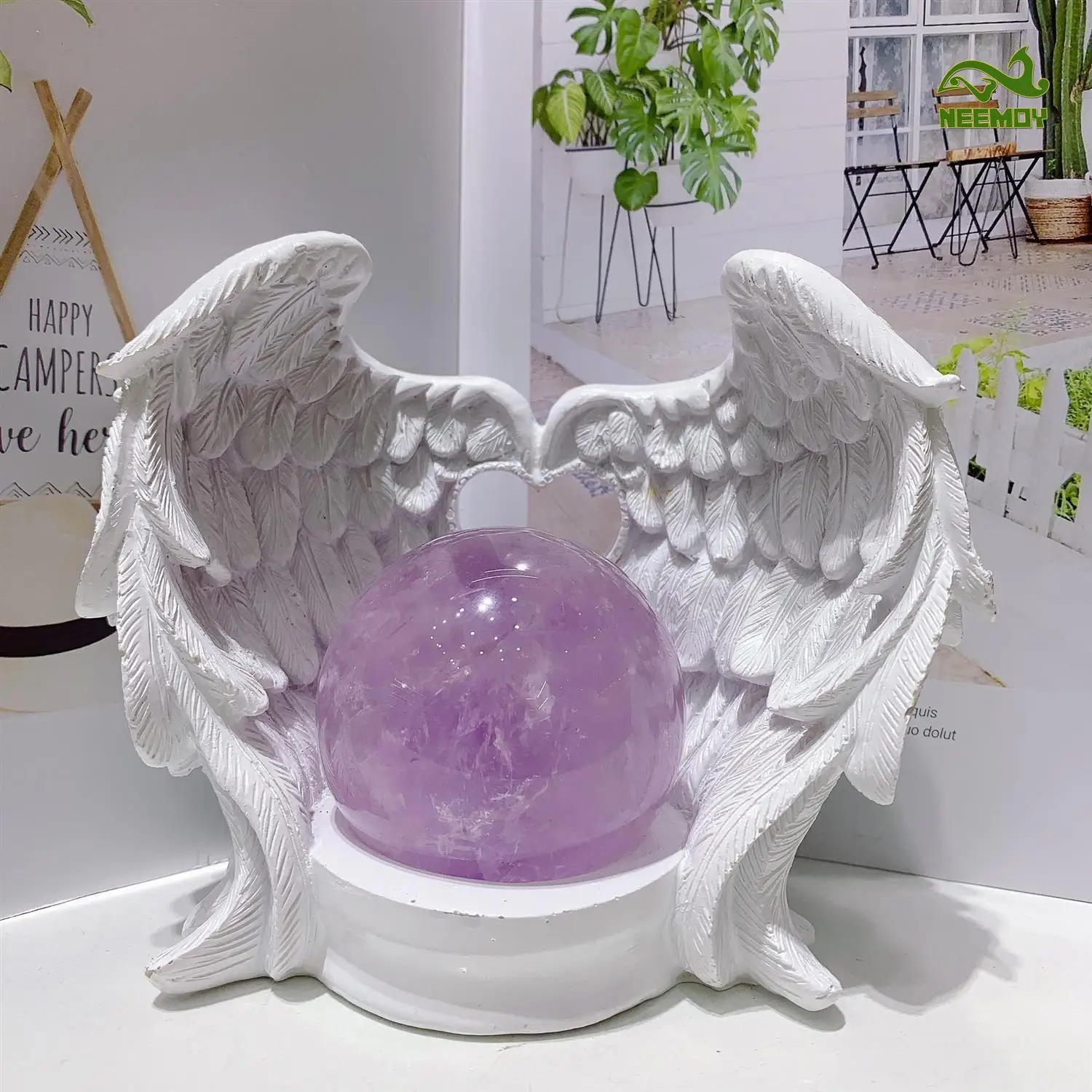 Base a sfera di cristallo con piume d'amore Ali d'angelo Base a sfera di cristallo Decorazione domestica Base in giada di cristallo Artigianato in resina Decorazione per ufficio