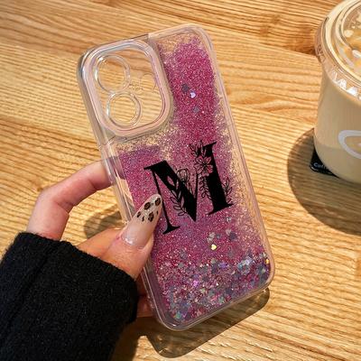 TEMU Flower With M Letter Suitable For /16 Pro//16 Pro Max Phone Case 15/14/13/12/11, Girly Heart Glittering Liquid Quicksand Glitter Fashionable And Tpu Cell Phone Case Image
