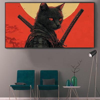 TEMU Japanese Cat Canvas Art Print - , Ink Style Wall Decor For Living Room, Bedroom, Office, And More Image