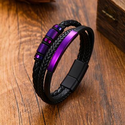 TEMU 1pc Purple & Leather Braided Bracelet For - Adjustable Magnetic Clasp, Durable Woven Design, Casual & Party Wear, Stylish Unisex Accessory, Bracelets For Couples, Quality Image