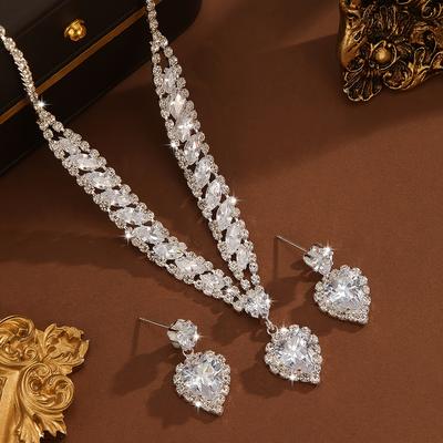 TEMU 3pcs Ultra-shiny Heart Synthetic Zirconia Earrings And Necklace Set, Elegant Collarbone Chain With A Image