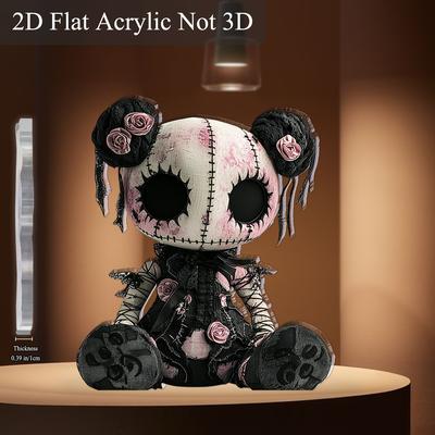 "TEMU [2d Flat] 1pc Gothic Horror Doll Acrylic Tabletop Decor Sign (5.91"x5.11") – Unique 2d Flat Design With Black & White , Roses, And Costume, Halloween, Bar, Cafe, Or Gift For" Image