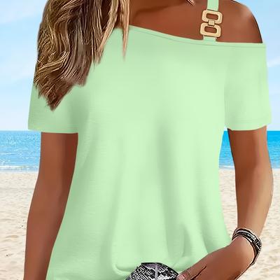 TEMU Chic Off-shoulder Women's T-shirt - Mint Green, Elegant Summer Top With Chain Detail, Breathable Polyester Blend, Beach Or Casual Image