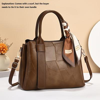 TEMU Chic Retro-inspired Tote Bag For Women - Large Capacity, Fashionable Shoulder & Crossbody Bag With Geometric Stitching, Closure - In Deep Brown, Gray, White, Red, Black Image