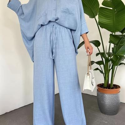 TEMU Women's Elegant Batwing Sleeve Blouse & Wide-leg Pants Set With Double Pockets - Soft Polyester, Button-up, Wear, Casual Attire|chic Outfit| Image