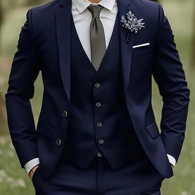 TEMU Men'-piece Suit With Flat Lapel Tuxedo, Vest And Pants For Weddings, Formal Events, Parties, And Evening Wear - Includes Jacket Only + Vest + Trousers Image