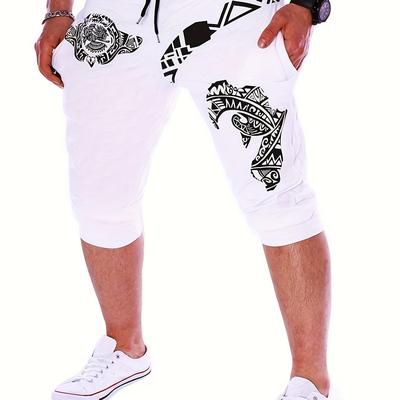 TEMU Men's Casual Geometric Print Athletic Shorts - Black With White Tribal Design, Breathable Fabric, Regular Fit, Machine Washable For Gym, Outdoor & Casual Attire Image