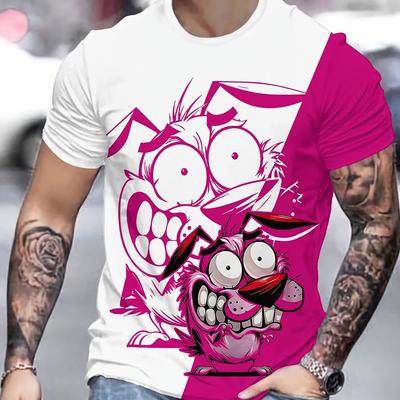 TEMU Alai Men's 3d Print Graphic T-shirt - Split Design (white & Pink) | Breathable Round Neck Casual Tee | Machine Washable For Casual Attire Image