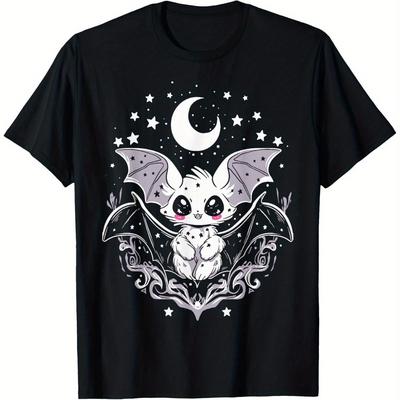 TEMU Spooky Chic Kawaii Moon Bat Graphic T-shirt - 100% Cotton Soft Breathable Short Sleeve Tee With Cute Bat & Design, Stars & Floral Accents - Unisex Casual Wear For , Machine Washable, Sizes S-xxxl Image