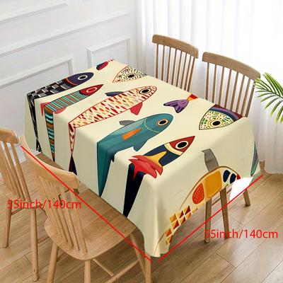TEMU 1pc Vintage Art Tablecloth - Rectangular Polyester Fabric With Colorful Fish Pattern, Ideal For Picnics, Parties, And Home Decor, Picnic Tablecloth | Vibrant | Polyester Image