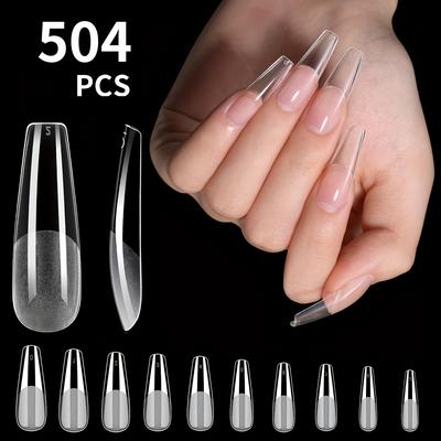 TEMU 504pcs French Square Drop Long Oval Tapered Semi-transparent Semi- Tips - Middle Length, Nail Extensions For Manicure Enhancement, French Nail Tip Image