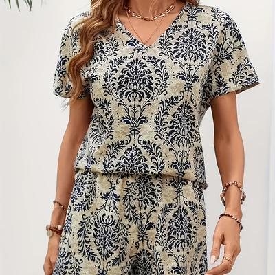 TEMU Tropical Print V-neck Short Sleeve Top And Shorts Set, Polyester With Spandex Blend, Regular Fit, Fabric, 120gsm, Beltless, Suitable For Spring/summer Collection Image