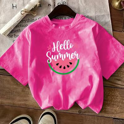 TEMU Women's Casual Short Sleeve T-shirt - Hello Summer Watermelon Graphic Print, Round Neck Tee, Breathable Summer Top, Machine Washable, Warm Weather Apparel, Graphic Tee Image