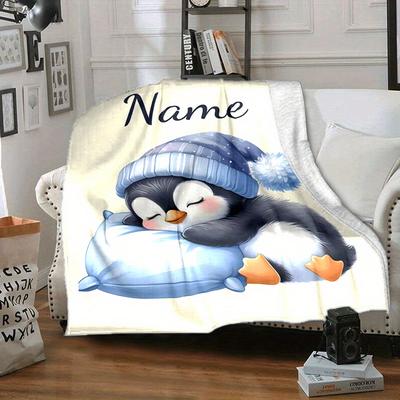 TEMU Personalized Custom Name Blanket Featuring An Adorable Sleeping Penguin, Soft And Reversible, Ideal For A Sofa Or Bed, Machine Washable, With A Suitable For Any Season. Image