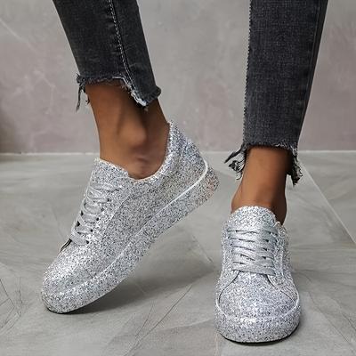 TEMU Women's Glittery Sequin Embellished Casual Sneakers - Low Top Lace-up Shoes With Cover Sole, Fabric Lining, And Pu Upper For All Image