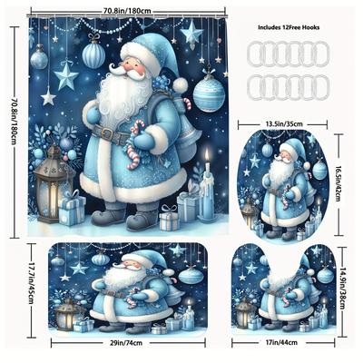 TEMU Christmas Themed Blue Santa Bath Set With Machine Washable Polyester Fabric, Includes Hooks And Bathroom Accessories - Woven Ensemble Image