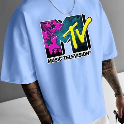 TEMU Men's Casual Crew Neck T-shirt - Summer Short Sleeve Tee With Mtv Music Television Print, Vibrant Graphic Design, Lightweight & Breathable For Casual Attire Image
