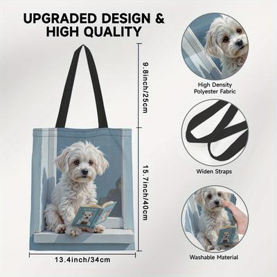 TEMU 1pc Maltese Dog Reading Newspaper Tote Bag - Large Reusable Shoulder Handbag For Women, Lightweight Foldable Design, Shopping, Groceries & , Polyester Material, Outdoor Tote Bag | | Polyester Image