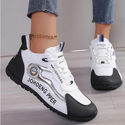 TEMU Women' High-top Sneakers - Comfortable Casual Sneakers With Flexible Rubber Sole, Lace-, And Cover Upper Black & White Image