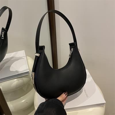 TEMU Elegant French-inspired Women's Shoulder Bag - Chic Solid Color Black, High-quality, Zipper Closure, Polyester Lined, Perfect Gift For Her, Versatile For Any Image