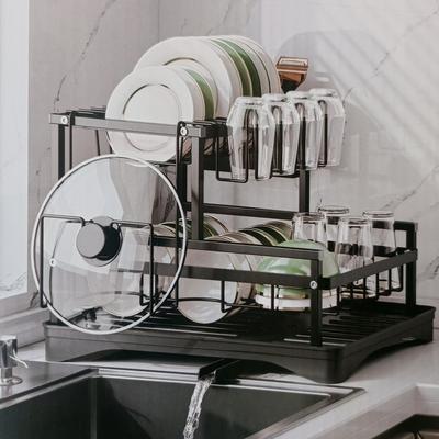 TEMU Carbon Steel Dish Rack | 2-tier Kitchen Organizer With Utensil Holder & Cutting Board Slot | Detachable Design For | Sleek Black Finish | Space-saving Countertop Storage Solution Image