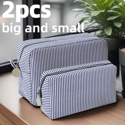 TEMU 2pcs Big And Small Blanks Women Cosmetic Bag Seersucker Stripes Zipper Pouch Travel Toiletry Bags Ladies Makeup Storage Bags Back To School School Bag Travel Essentials Travel Organizer For Beach Image