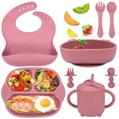 TEMU Children's Crockery Baby Plate, 8pcs Set, Children's Plates With Suction Cup, Plate, Bib, Bowl, Spoon, Fork, Baby Drinking Cup, Silicone Plate, Baby Non-slip, Bpa-free (pink) Image