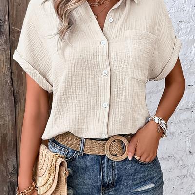TEMU Women's Casual Batwing Sleeve Shirt - Lightweight Summer Loose With Chest Pocket, Breathable Short Sleeve Blouse For Women, Machine Washable, Relaxed Chic Style, Textured Fabric Image