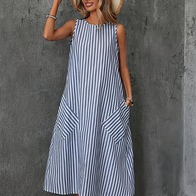 TEMU Women's Plus Size Elegant Striped Maxi Dress - Sleeveless, Crew Neck, With Pockets, Polyester, Summer Casual , Casual Summer Wear | Chic Striped Dress | Non-stretch Fabric Image