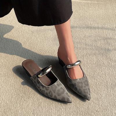 TEMU Women's Slip-on High Heel Sandals - Pointed Toe, Leopard Print Gradient Design, Comfortable Pu Cover, Metallic Straps, Fashionable Summer Shoes, Chunky Heel Sandals Image
