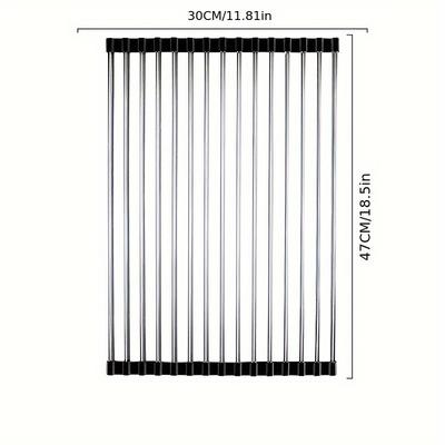 TEMU 1pc Stainless Steel Foldable Kitchen Sink Drain Rack - , Space Saving Strainer And Dish Drainer With Roll-up Curtain, Fruit And Vegetable Washing, Dish Drying Rack Over Sink Image