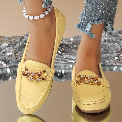 TEMU Women's Casual Loafers - Round Toe Slip-on Moccasins With Chain Detail, Synthetic Cover Upper & Rubber Sole, Shoes, Yellow, Comfortable Footwear | Chain Detail Accent | Rubber Sole Footwear Image