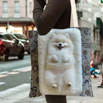 TEMU 1pc Cute Pomeranian Dog Oil Painting Style Tote Bag - Colorful & Floral Print, Reusable Polyester Shoulder Handbag For - Shopping, School, Picnics & Dates, Easter- Image
