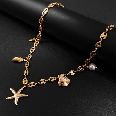 TEMU 1pc Stainless Steel Bohemian Summer Starfish Shell Conch Fish Tail Series 5 Pendant Beach Surfing Coffee Bean Splicing Chain Necklace Valentine's Day Day Father's Day Vacation Jewelry Gift Image