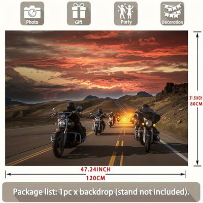 TEMU 1pc Motorcycle Sunset Road Trip Party Banner - Vibrant Polyester Wall Decor With Black Leather-look Motorcycles & Stunning Sunset Sky, Home, Room, And Event Photo Backdrops Image