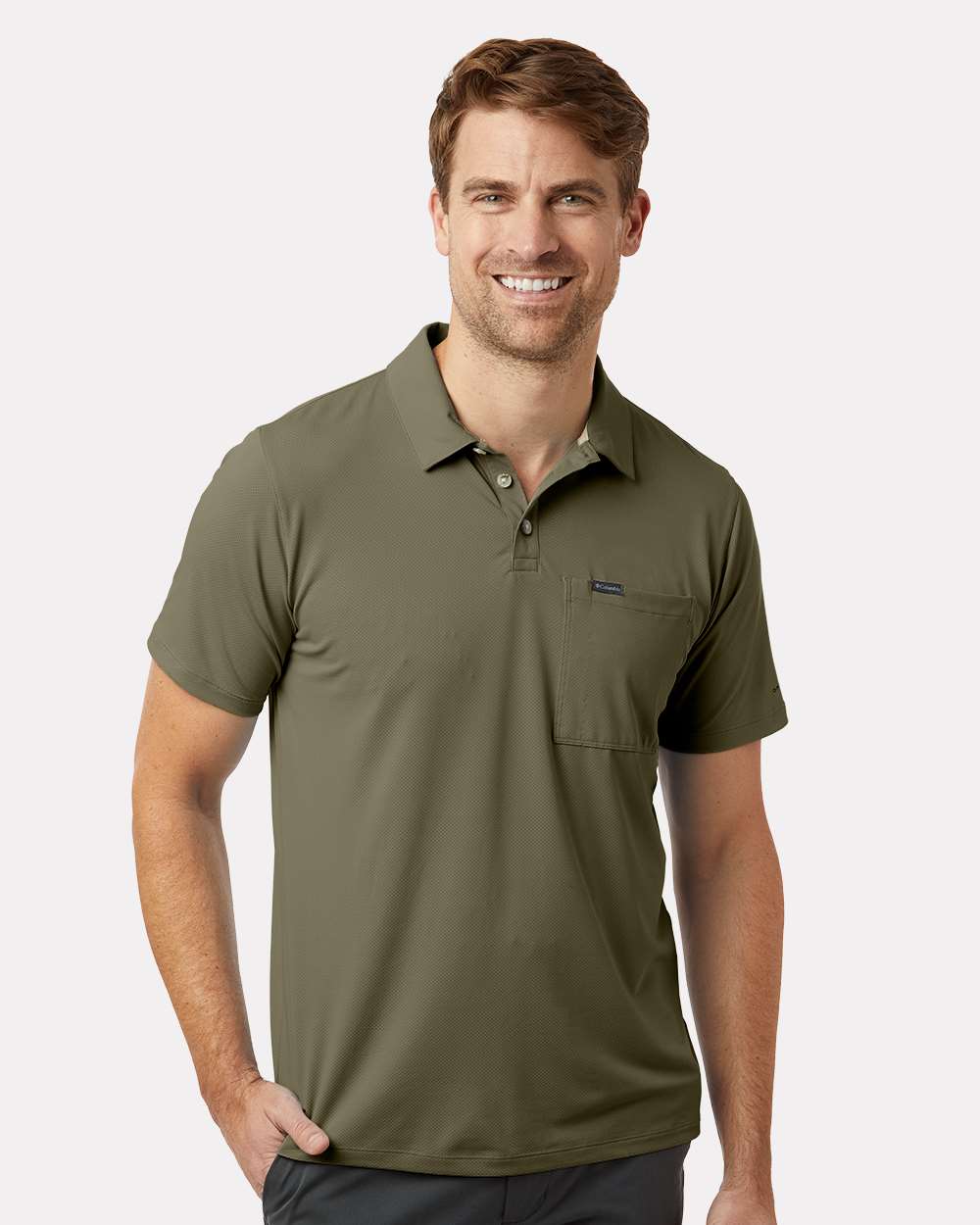 Columbia 211856 Tech Trail Utility Polo Shirt in Stone Green size Small | Polyester/Elastane