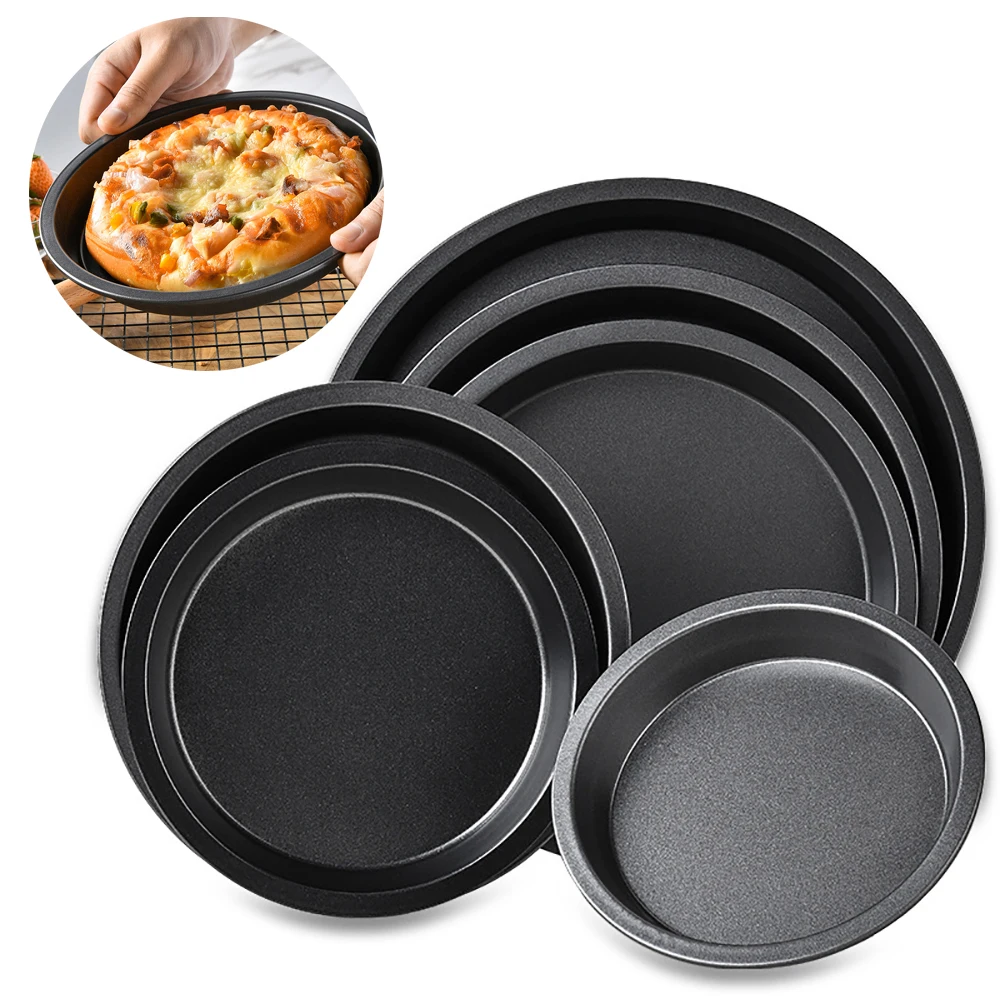 2 Stück schwarze Antihaft-Pizza pfannen Antihaft-Kuchen form runde Pizza-Tablett Backform Blätter Teig kuchen form Back geschirr Küchen werkzeug Image