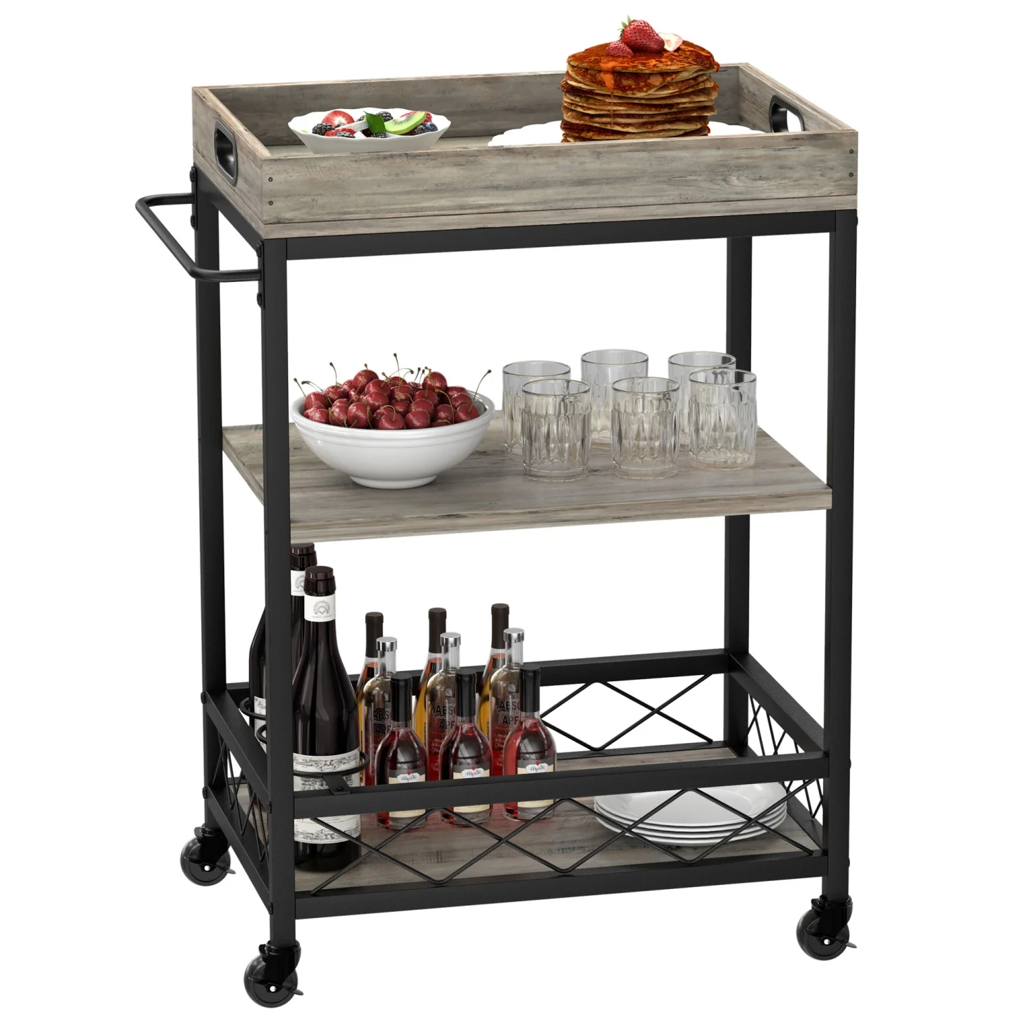 Bar-Servierwagen, 3-stufiger mobiler Küchen-Servierwagen, Barwagen aus Holz und Metall mit Weinregal, industrieller Vintage-Stil