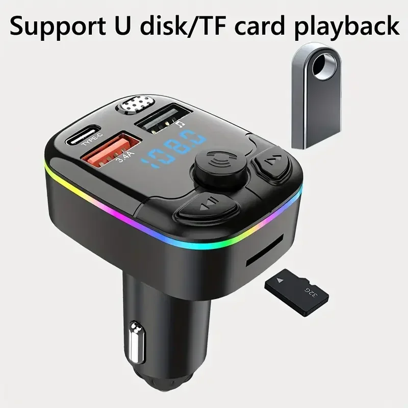 Auto Ladegerät Telefon Ladegerät Freisprecheinrichtung Auto Wireless FM Sender Unterstützung TF Karte U Disk Musik Auto MP3 Player Dual USB Typ C Image