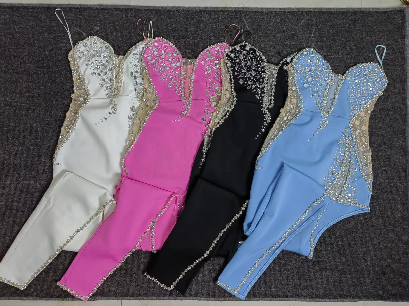 Echte Fotos Frauen Luxus Kristall Stickerei Tüll Inset Asymmetrische Lange Verband Kleid Liebsten Promi Abend Party Kleider Image