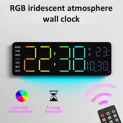 13" Large Digital Alarm Clock with Remote Control 11Color & Dynamic RGB Display LED Multicolor Ambiance Wall Clocks Room Decor