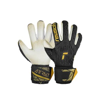 Torwarthandschuhe REUSCH "Attrakt Freegel Gold X GluePrint", Damen, Gr. 9,5, gold (schwarz, goldfarben), 50% Elastodien, 20% Polyester, 20% Polypropylen, 10% Polyamid, mehrfarbig, sportlich, Handschuhe, Finger Support mit Evolution Negative Cut