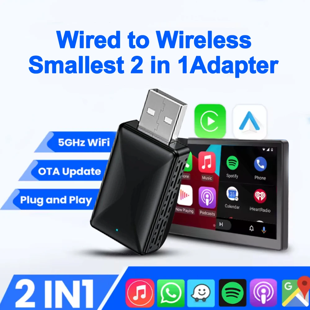 NEU verkabelt mit Wireless Carplay Android Auto 2in1 Mini-Adapter Dongle Auto Connect Plug & Play Bluetooth WiFi Universal Mini Box Image