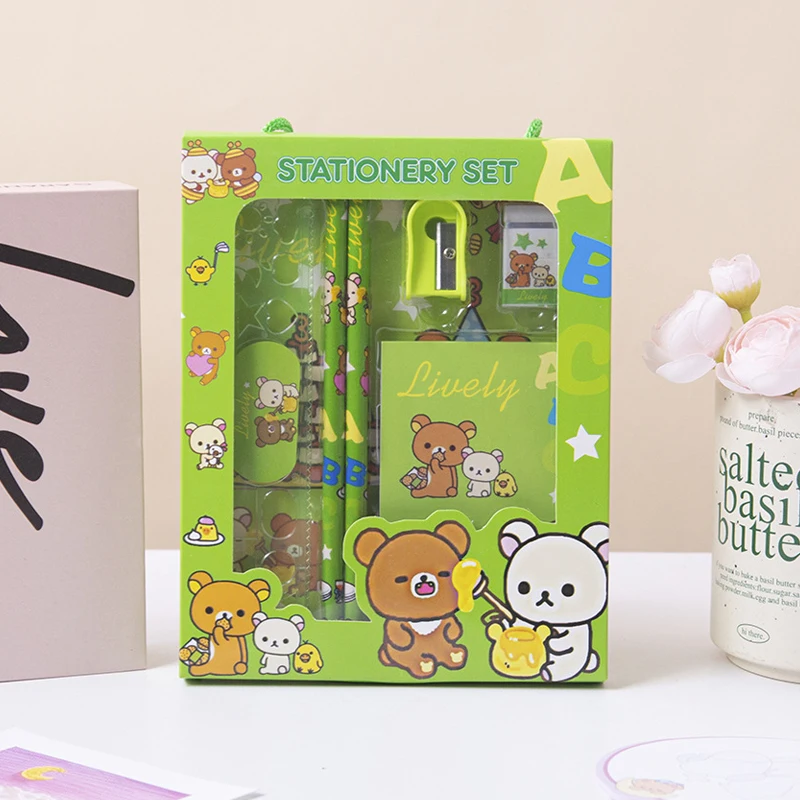 6 stücke Rilakkuma Bleistift Notebook Bleistifte Spitzer Gummi Lineal Set Kinder Kawaii Entspannen Bär Schreibwaren Schule Liefert Zubehör Image